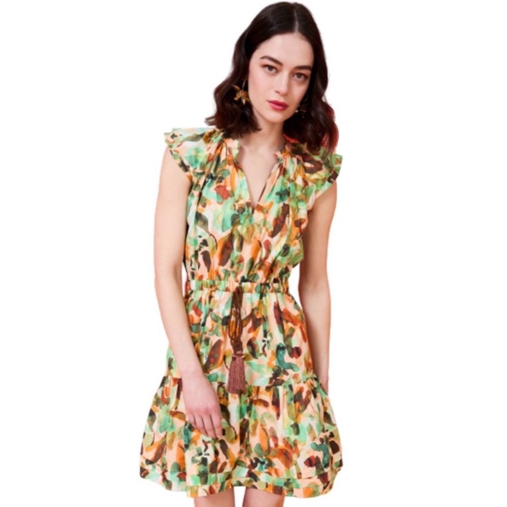 Marie Oliver Libba Dress Green Orange Abstract Ruffle Tiered Mini Size Large